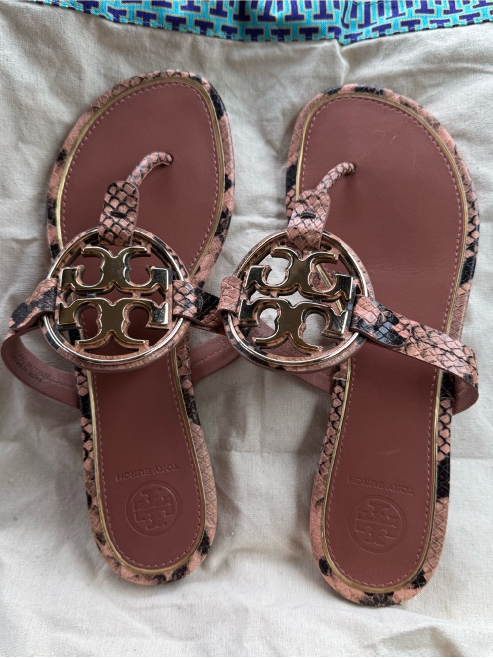 Tory Burch Pink Snake-Print Logo Medallion Sandals